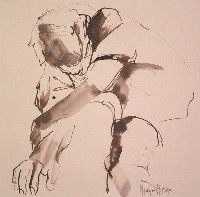 Dans le fauteuil I<br>Encre aquarellable sur papier Ingres Canson 33,5 x 32,5 cm