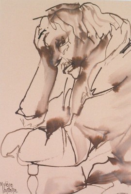 Dans le fauteuil IV<br>Encre aquarellable sur papier Ingres Canson 18 x 32,5 cm